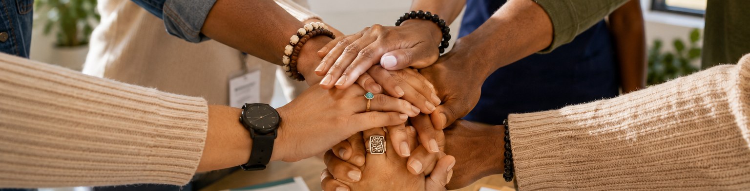 A diverse group of community health workers and clients joining hands together